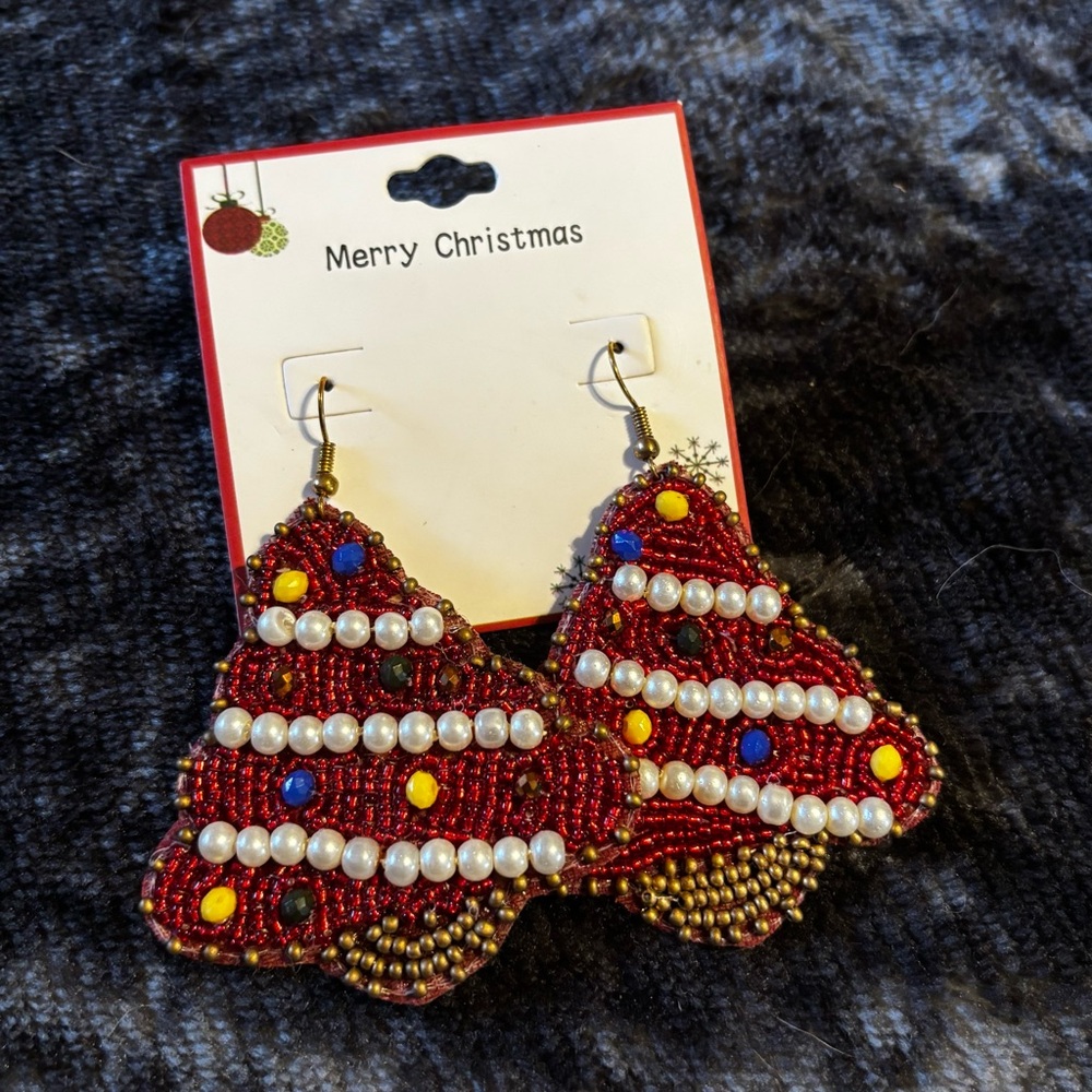 Festive Red Beaded Christmas Tree Earrings